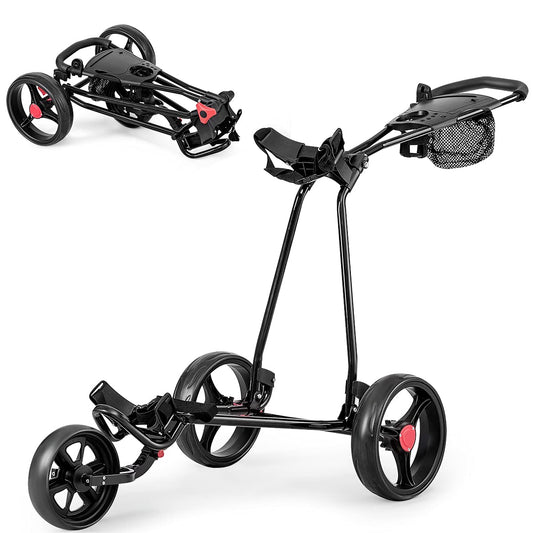 COSTWAY Folding Golf Push Pull Cart, Lightweight 3 Wheels Golfs Trolley with Foot Brake, Umbrella & Cup Holder, Adjustable Handle and Storage Bag