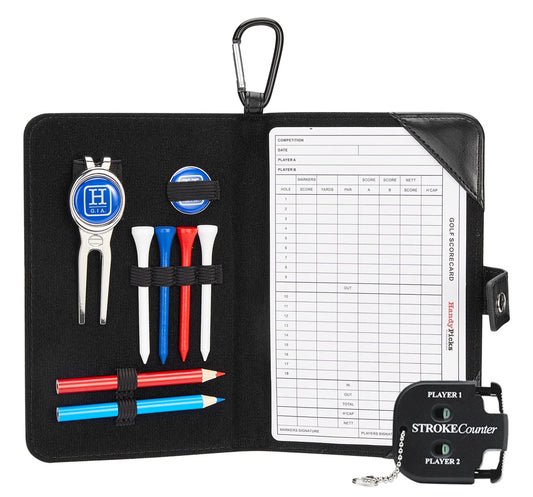 Handy Picks Golf Scorecard Holder n Yardage Book Cover - Divot Repair Tool, Ball Marker, Golf Tees, Scorer, Pencil n Scorecards Included - Gift for Golfers