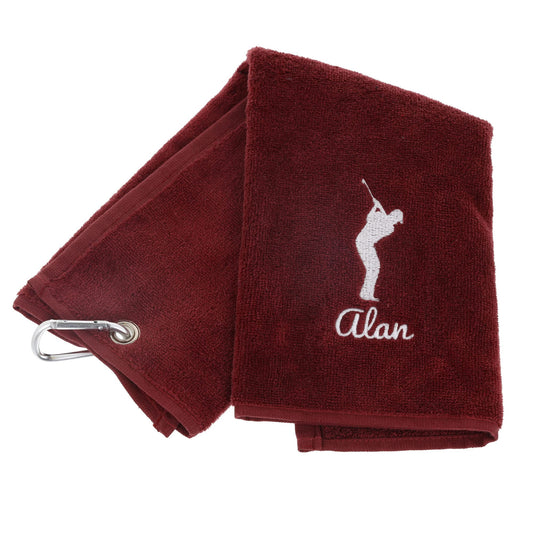 Personalised Embroidered Golf Towel with Any Name Any Font Luxury Velour 50cm x 40cm Custom Embroidered Golf Towel with Carabiner Clip Gift- Golf Gifts for men and women (Burgundy)