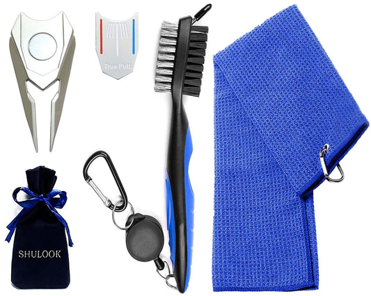 SHULOOK Golf Accessories, 3-Piece Golf Gifts, Golf Club Cleaner Brush with Protective Shell and Golf Towel Kit, Divot Tool with Magnetic Double-Sided Golf Ball Marker